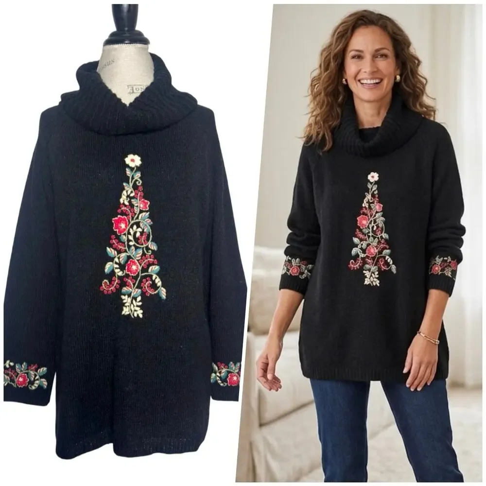 Coldwater Creek | Women | Floral Christmas Embroidered Cowl Neck Sweater | XL